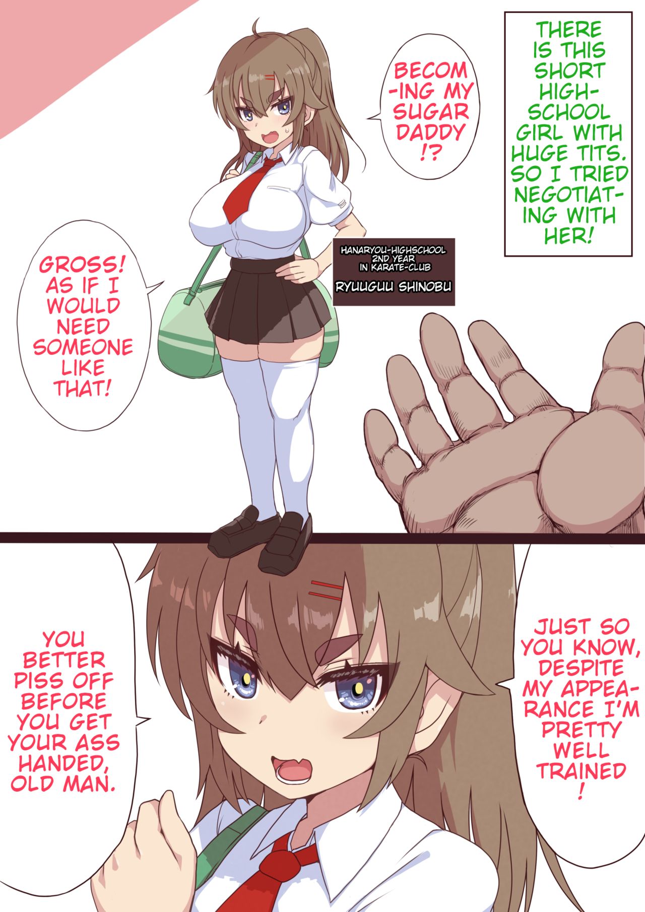 Debuff Nouryoku Oji-san ga Kyonyuu Karate JK o Jakutaika Sase Kyousei Papakatsu Shite Morau | Old Man With a Debuff Ability Weakens a Big Breasted Karate Highschool Girl And Becomes Her Sugar Daddy page 1 full